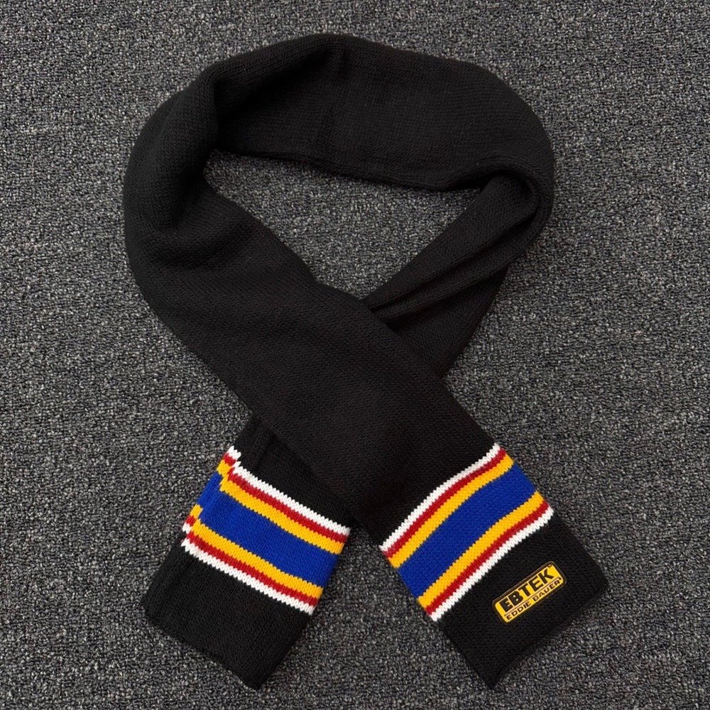 Vintage 90s Eddie Bauer EBTEK Scarf Black Stripe Knit Outdoor Ski Made in USA